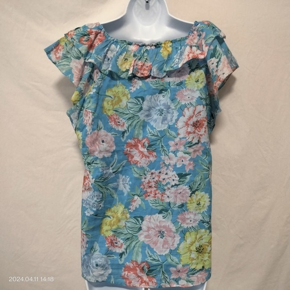 LOFT Size Medium Floral Cap Sleeves Ragged Edges Ruffle Elastic Neckline Top - Picture 6 of 13